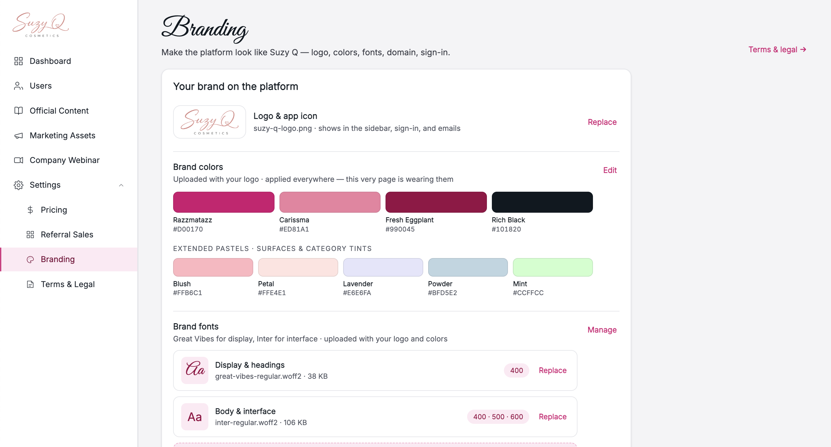 The branding console: logo, colors and fonts applied platform-wide