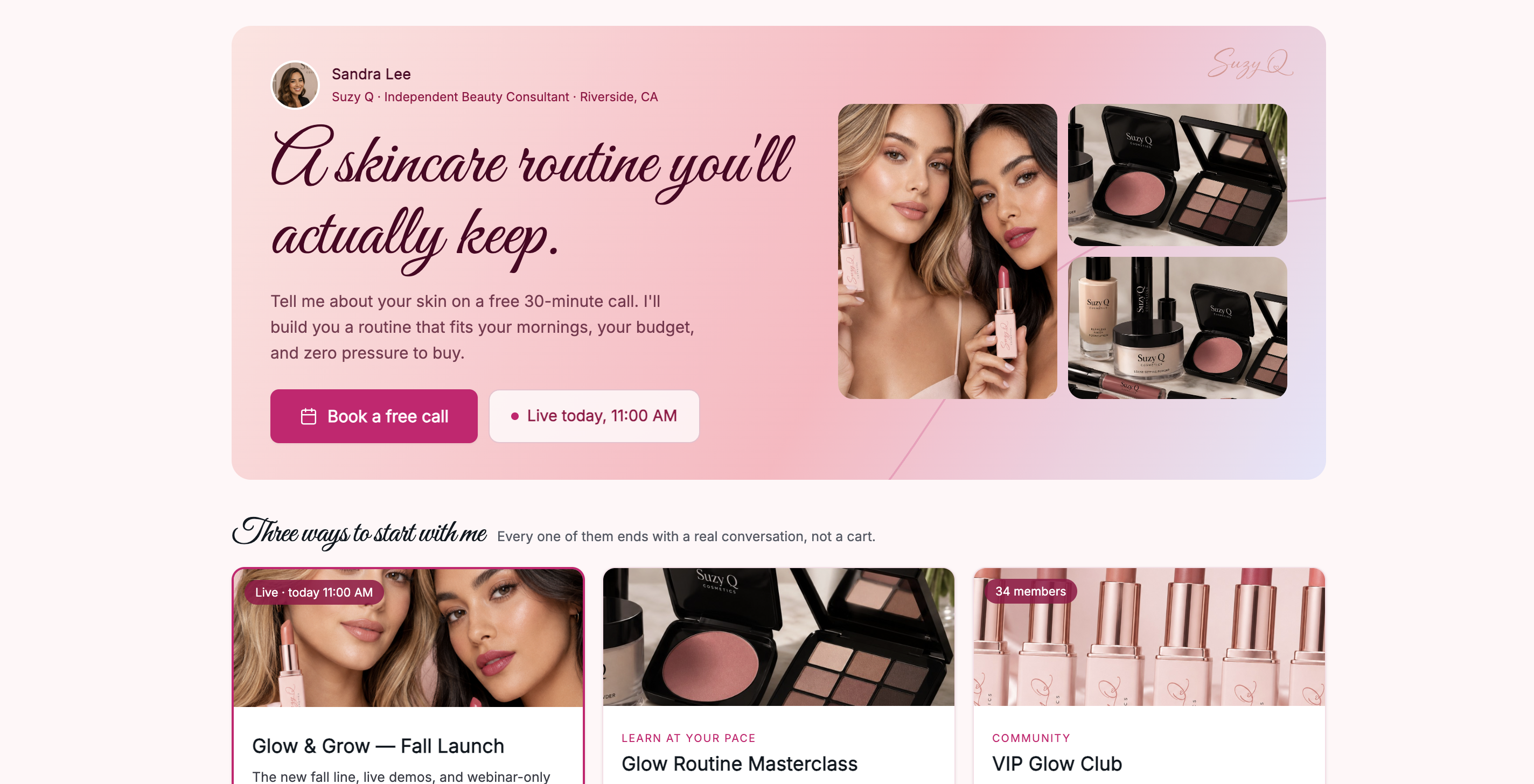 A consultant's public landing page with booking and offers