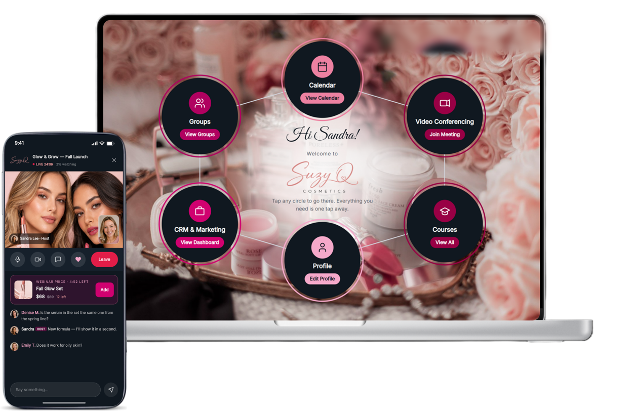 The Suzy Q Cosmetics home hub on a laptop, with a live selling room on a phone in front