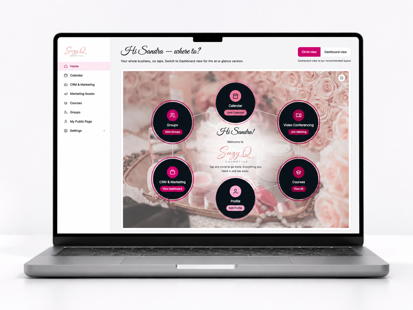 The Circle home in the Suzy Q Cosmetics universe, on a laptop with the mobile app alongside